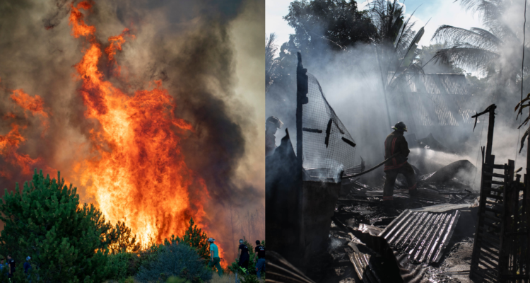 Incendio forestal (izquierda) e incendio extinto (derecha) en referencia a cómo a cuidar la casa de cenizas durante un incendio forestal