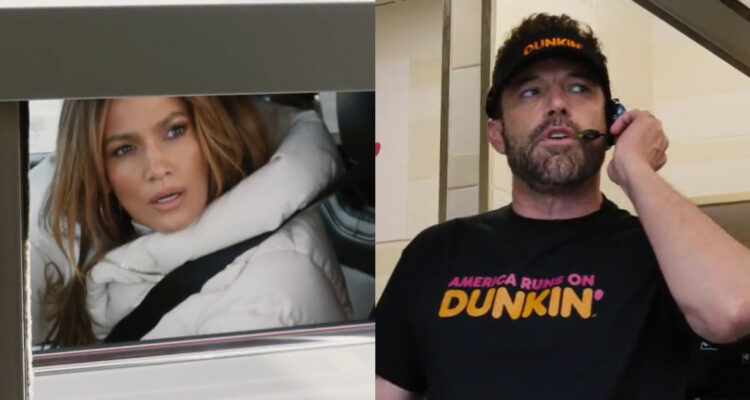Jennifer López y Ben Affleck durante el comercial de Dunkin Donuts. Mientras el actor se ve trabajando, la cantante se ve sorprendida en la ventanilla de clientes.