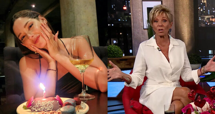 Kel Calerón posa junto a su postre de cumpleaños. A su lado, Raquel Argandoña hablando de su hija.