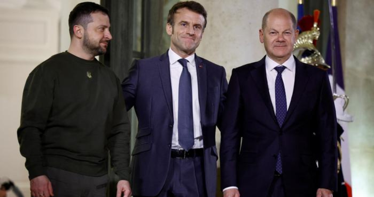 Presidente de Ucrania junto a Macron y canciller alemán