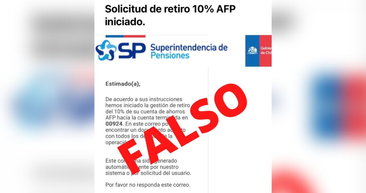 Superintendencia de Pensiones alerta de mail fraudulento con supuesta solicitud para retirar el 10%