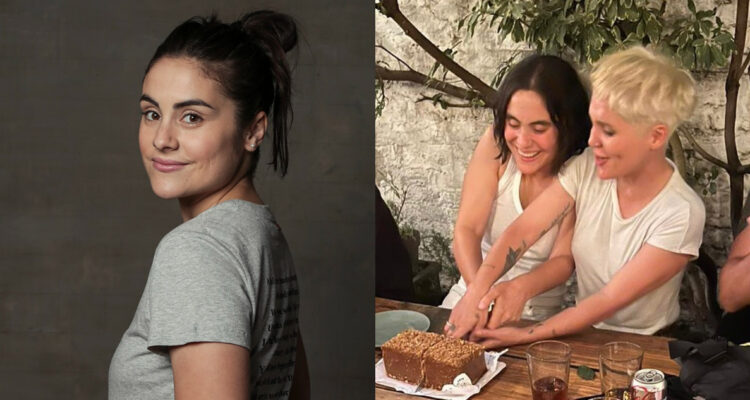 La actriz Manuela Moreno en su rol de Juegos de Poder. A su lado, una foto de su boda.