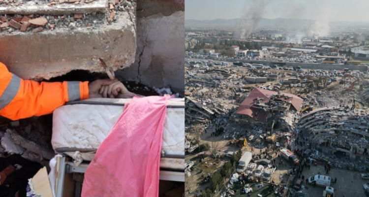 Mesut Hancer sosteniendo la mano de su hija (izquierda) y estragos del terremoto en Turquía (derecha)