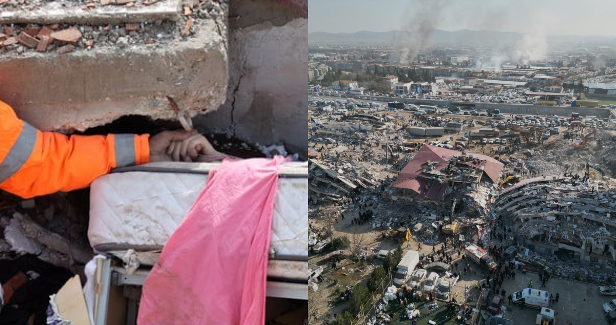 Mesut Hancer sosteniendo la mano de su hija (izquierda) y estragos del terremoto en Turquía (derecha)