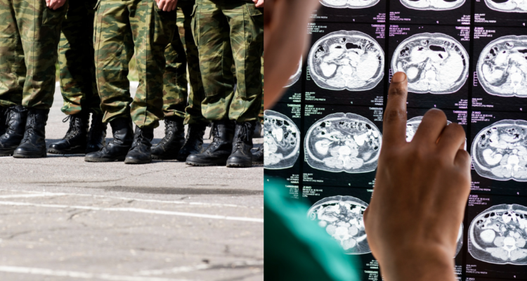 Militares entrenando (izquierda) y doctor revisando una radiografia (derecha)