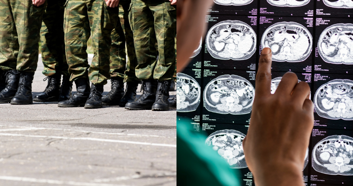 Militares entrenando (izquierda) y doctor revisando una radiografia (derecha)
