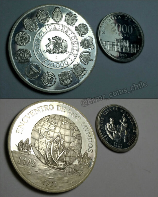 Moneda de 10.000 pesos junto a la de $2.000