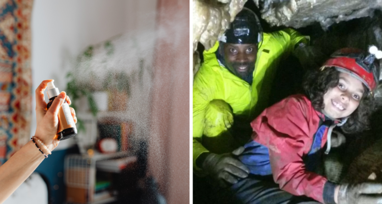 Persona accionando un aerosol (izquierda) y Paul Green junto a su hija Georgia, la niña británica que murió tras inhalar un aerosol