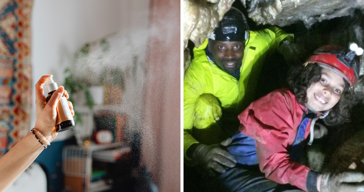 Persona accionando un aerosol (izquierda) y Paul Green junto a su hija Georgia, la niña británica que murió tras inhalar un aerosol