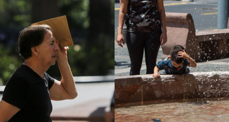 Niño (derecha) y mujer (izquierda) capeando el calor cubriendose con una carpeta y mojandose la cabeza respectivamente en referencia a la insolación producida por ola de calor