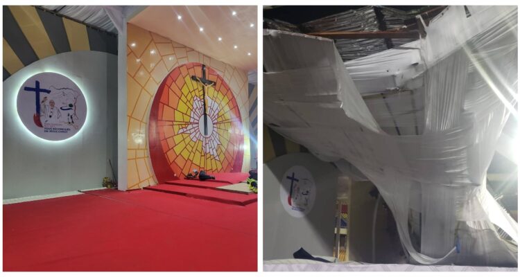 Una fotografía del escenario que esperaba al papa Francisco en el Congo antes y después del colapso.