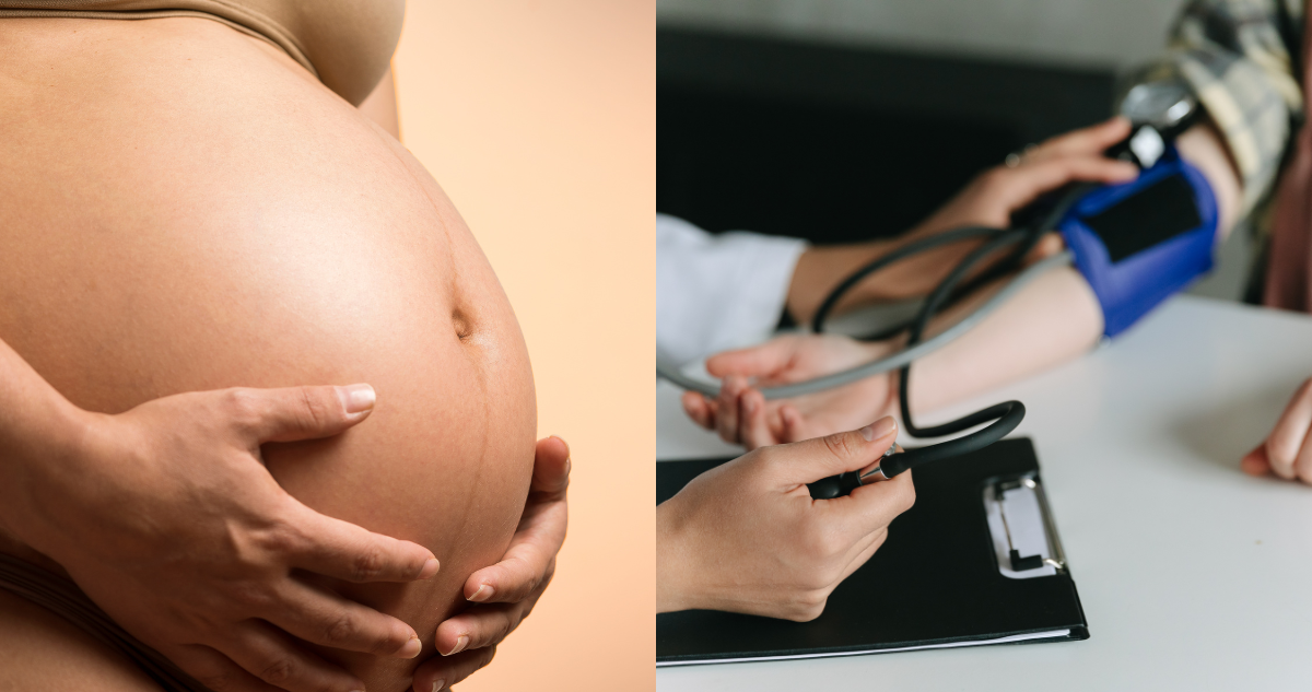 Mujer mostrando su embarazo (izquierda) y una persona midiendo la presión arterial de una paciente con preeclampsia (derecha)