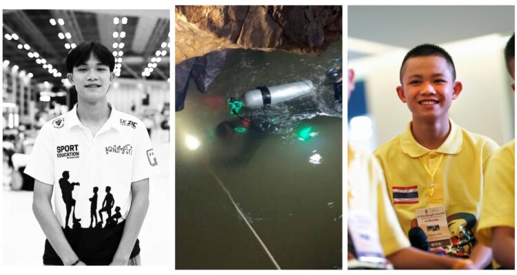 Una fotografía actual de “Dom”, otra de cuando era niño en 2018, y otra de los buzos durante el rescate en Tailandia.