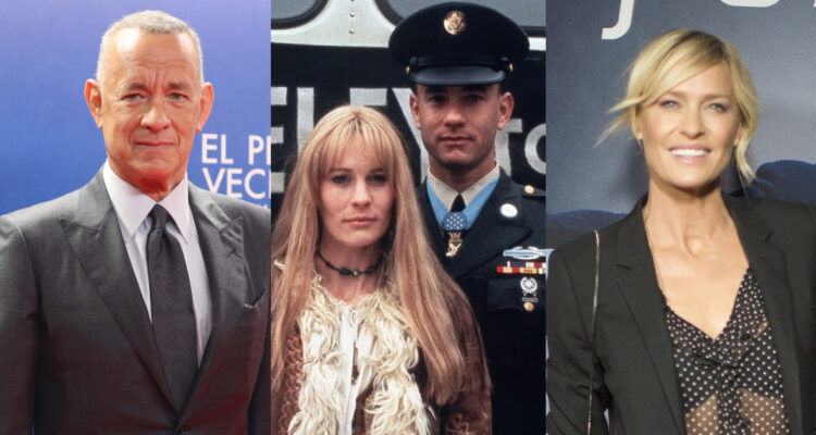 Tom Hanks en una presentación de premios. Al lado derecho, Robin Wright en el lanzamiento de la temporada final de House of Cards y al centro ambos actores como Forrest y Jenny en Forrest Gump.