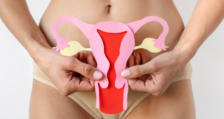 Mujer mostrando una ilustración de su utero sobre su abdomen. Organización recomendó extirparse las trompas de falopio para prevenir cáncer