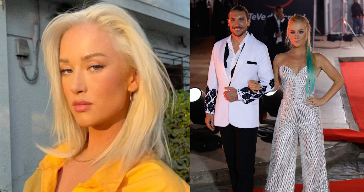 La influencer y cantante Vesta Lugg posando. A su lado, una foto del vestido que usó en la Gala de Viña de 2015.