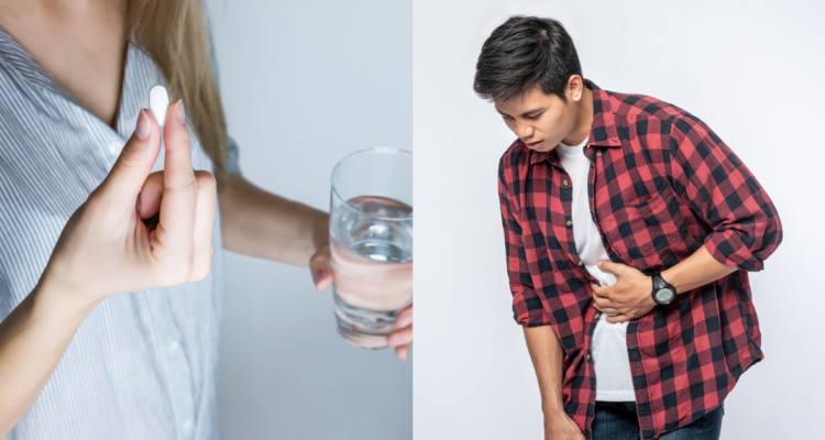 Persona consumiendo pildora (izquierda) y un joven con estreñimiento (derecha)