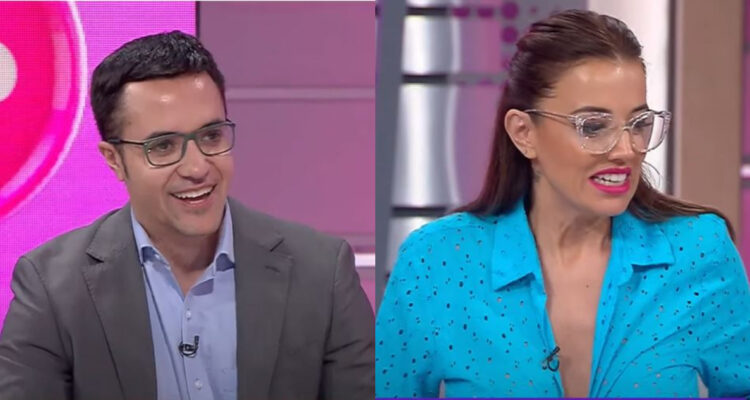 El entrevistador que consultó a Yamila Reyna sobre su Día del amor. A su lado, Reyna reaccionando a la pregunta.