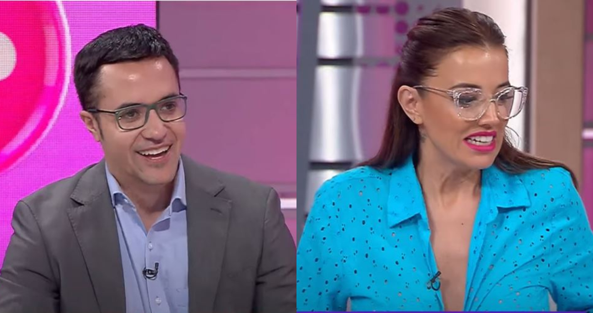 El entrevistador que consultó a Yamila Reyna sobre su Día del amor. A su lado, Reyna reaccionando a la pregunta.