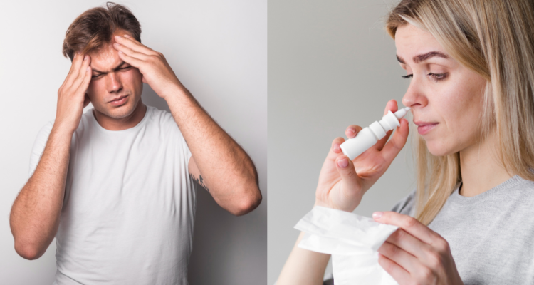Hombre con dolor de cabeza por migraña (izquierda) y mujer usando un aerosol nasal (derecha) en referencia al nuevo fármaco