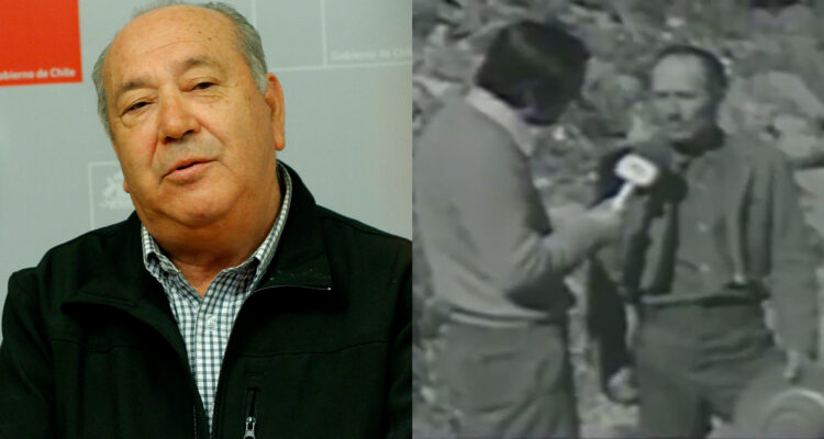 El periodista Alipio Vera en un evento del gobierno. A su lado, una imagen de sus entrevistas al milagro de Los Andes.