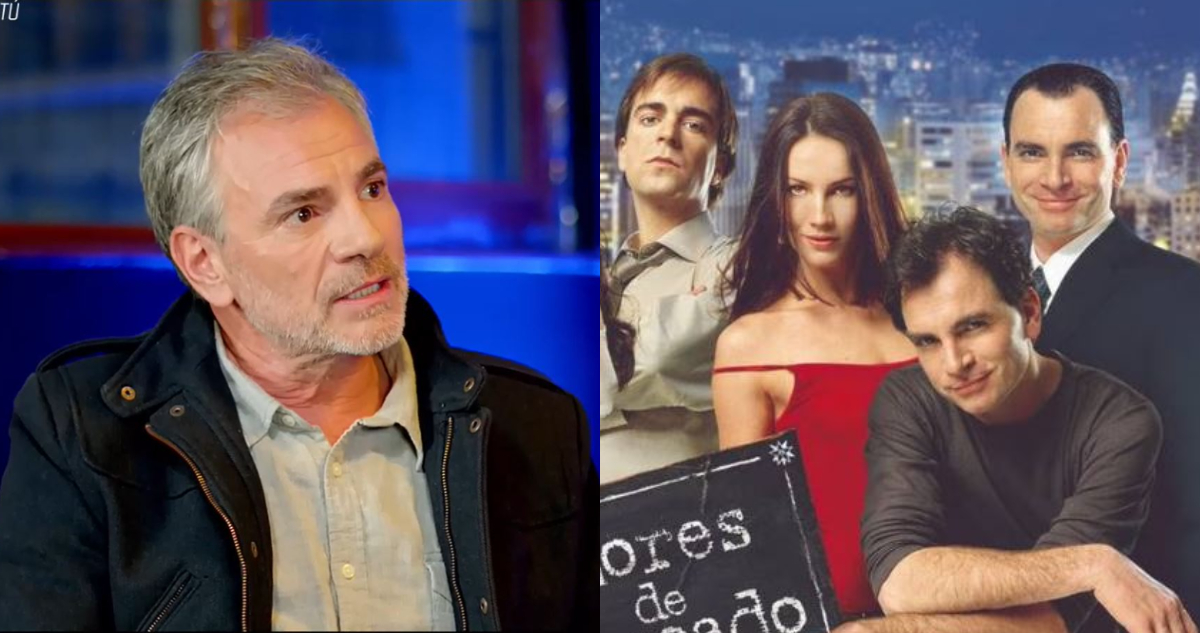 El actor Álvaro Rudolphy hablando sobre la teleserie Amores de Mercado. A su lado, un poster promocional de la ficción.