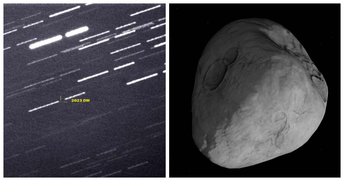 Una fotografía del asteroide en el espacio, y una representación digital de su superficie. Se proyecta que podría impactar la Tierra en San Valentín de 2046.
