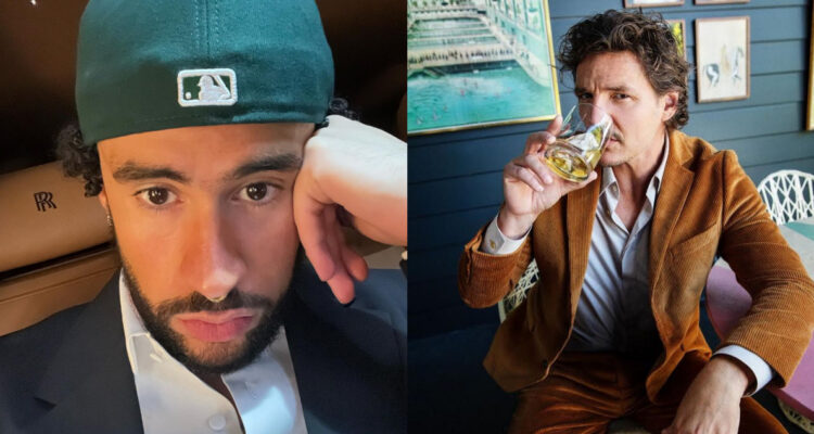 Bad Bunny posa haciendo un leve puchero. A su lado, Pedro Pascal posa sosteniendo un brevaje.