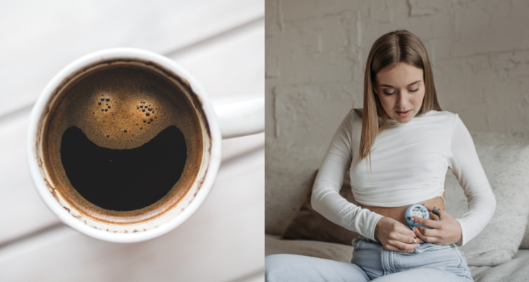 Taza de café (izquierda) y una personas con diabetes tipo 2 con un sensor de insulina (derecha) en referncia a nuevos beneficios encontrados de la cafeína