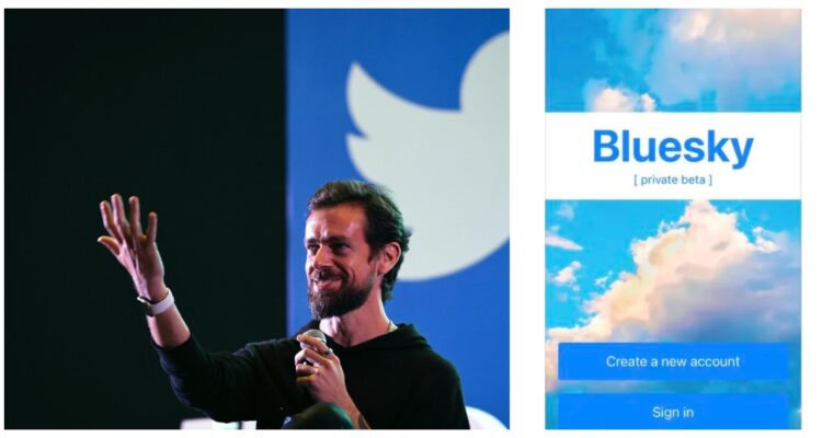 Una fotografía de Jack Dorsey cuando estaba en Twitter, y un pantallazo de Bluesky Social.
