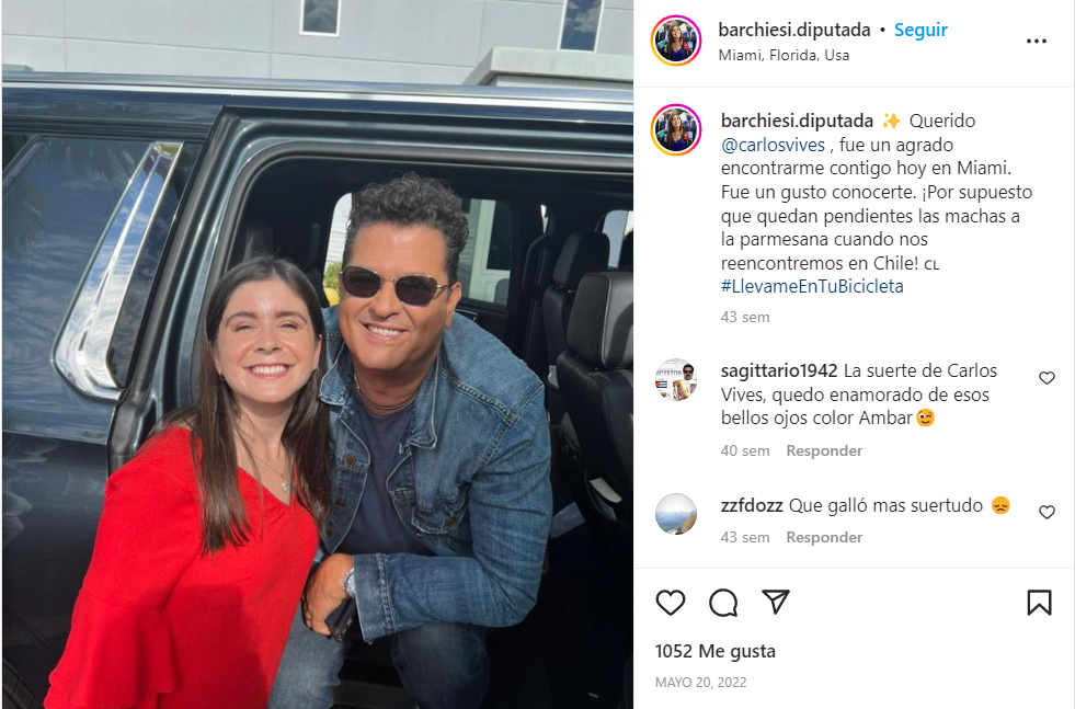 Publicación de diputada Barchiesi en Instagram junto al cantautor colombiano Carlos Vives, durante su paso por Miami. 