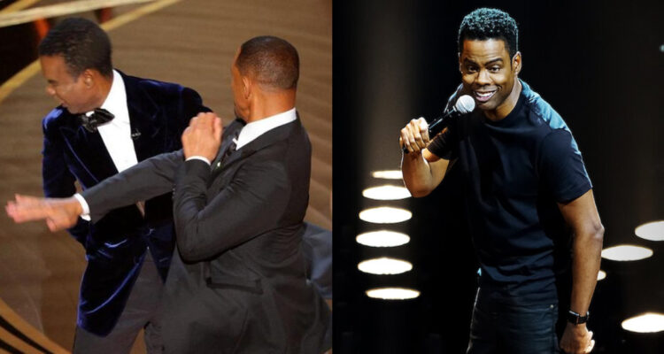 El momento en el que Chris Rock fue golpeado por Will Smith. A su lado, Chris Rock en el especial de Netflix.