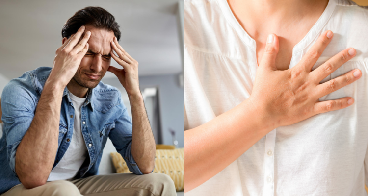 Hombre con dolor de cabeza (izquierda) y mujer con dolor al coraón (derecha) en referencia a estudio que asegura que existe disparidad en el acceso a operaciones que pueden prevenir ACV