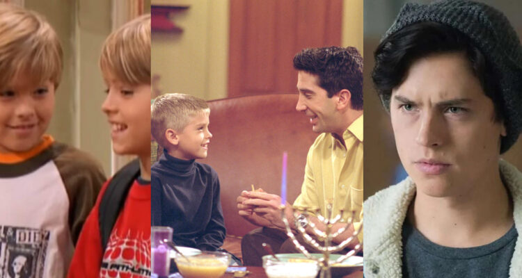 El actor Cole Sprouse junto a su hermano gemelo en Zack y Cody, Gemelos en acción. A su lado, uno de los hermanos en Friends y Cole Sprouse en Riverdale.