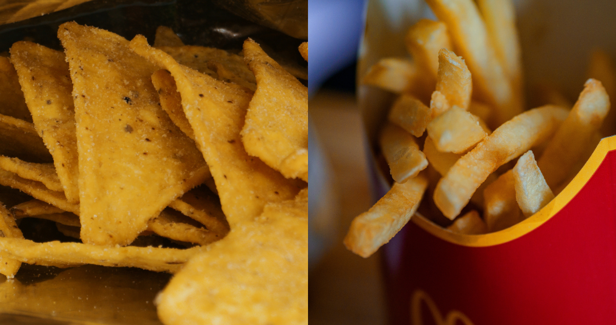 Comida chatarra como doritos (izquierda) y papas fritas(derecha) en referencia a la gran cantidad de sodio que se consume en el mundo