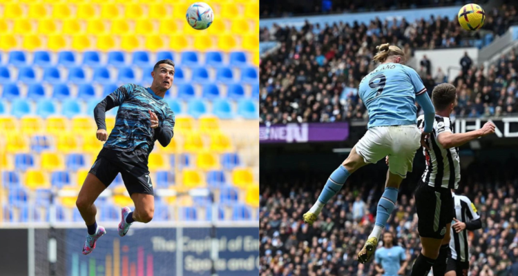 Cristiano Ronaldo (izquierda) y Irling Haarland (derecha) futbolistas profesionales golpeando con la cabeza un balón en referencia a que estos tendrían mayor posibilidad de desarrollar demencia