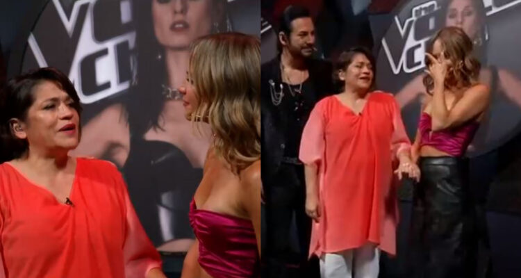 La animadora de televisión Diana Bolocco llorando tras oír la historia de concursante de The Voice Chile.