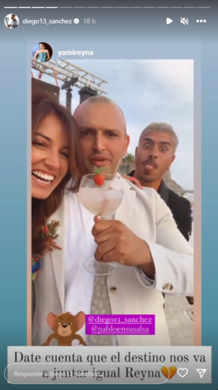 La historia de Instagram descrita ne el video, donde se ve a Yamila Reyna junto al novio y al futbolista Diego Sánchez.
