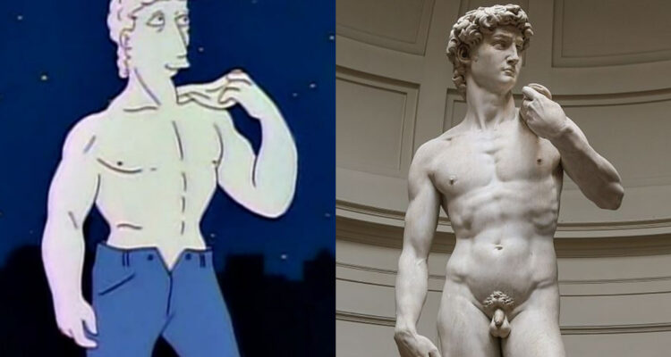 Imagen de la estatua de David parodiada por Los Simpson. A su lado, una foto de la escultura original.