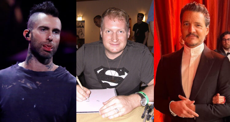 Adam Levine, vocalista de Maroon 5, en la Quinta Vergara en el Festival de Viña 2020 con cara de desagrado. A su lado, Ethan Van Sciver sonríe mientras firma un autógrafo en un evento. También, a la derecha, Pedro Balmaceda Pascal sonríe en la alfombra Champagne de los Óscar 2023.