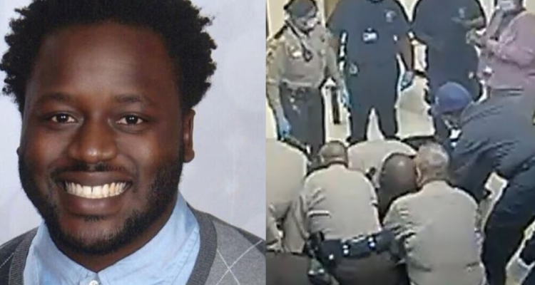 hombre siendo retenido por policías