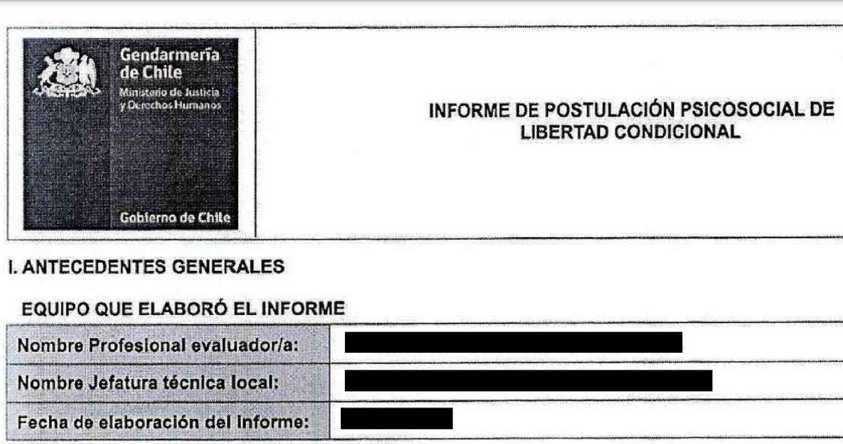 Captura de pantalla | Ejemplo de informe de postulación a beneficio de la libertad condicional. Fuente: Poder Judicial.