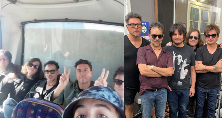 Foto en la que el joven Andrés posa con Los Bunkers en una micro en Concepción. A su lado, uhna foto de la banda reunida.