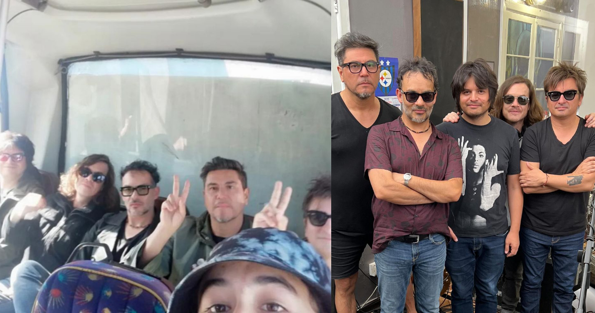 Foto en la que el joven Andrés posa con Los Bunkers en una micro en Concepción. A su lado, uhna foto de la banda reunida.