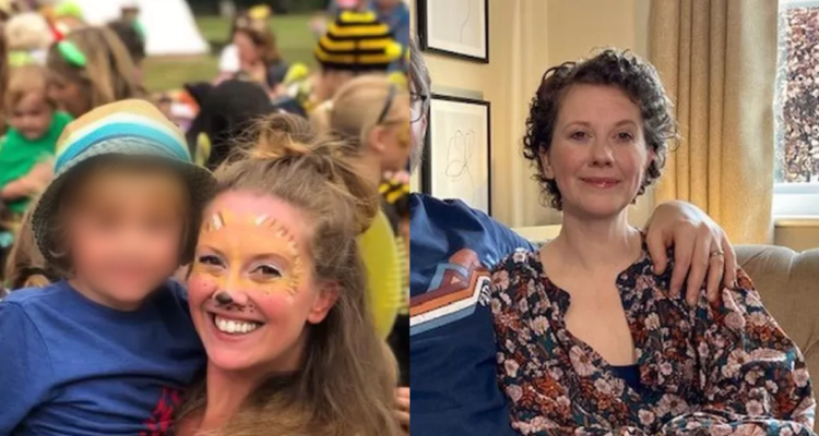 Mujer británica Kelly Pendry junto a su hijo antes (izquierda) y después del cáncer leiomiosarcoma (derecha)