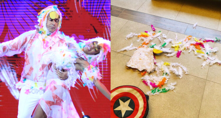 El humorista Kurt Carrera en Aquí se baila. A su lado, los restos de la capucha de Tutu Tutu destrozada por sus mascotas.