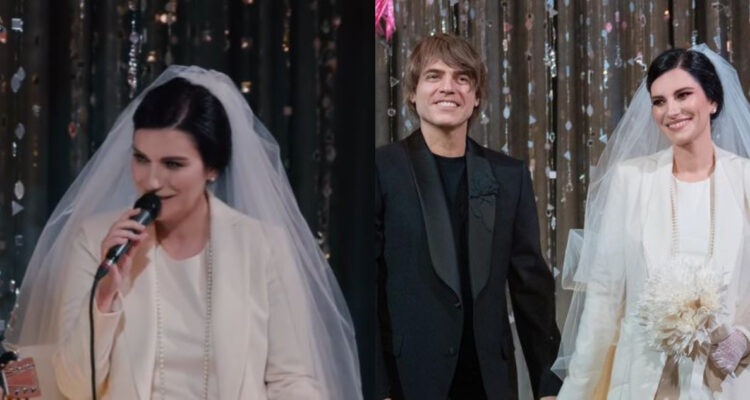 La cantante Laura Pausini con su vestido de novia en su matrimonio.