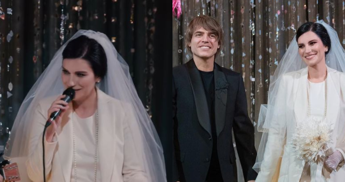 La cantante Laura Pausini con su vestido de novia en su matrimonio.