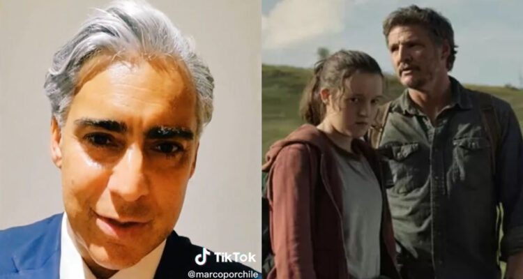 Marco Enríquez Ominami criticando a la serie The Last of Us. A su lado, los protagonistas de la serie, Pedro Pascal y Bella Ramsey.