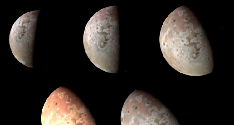 Montaje de las 5 fotografías tomadas por la sonda Juno de la luna Io de Júpiter.